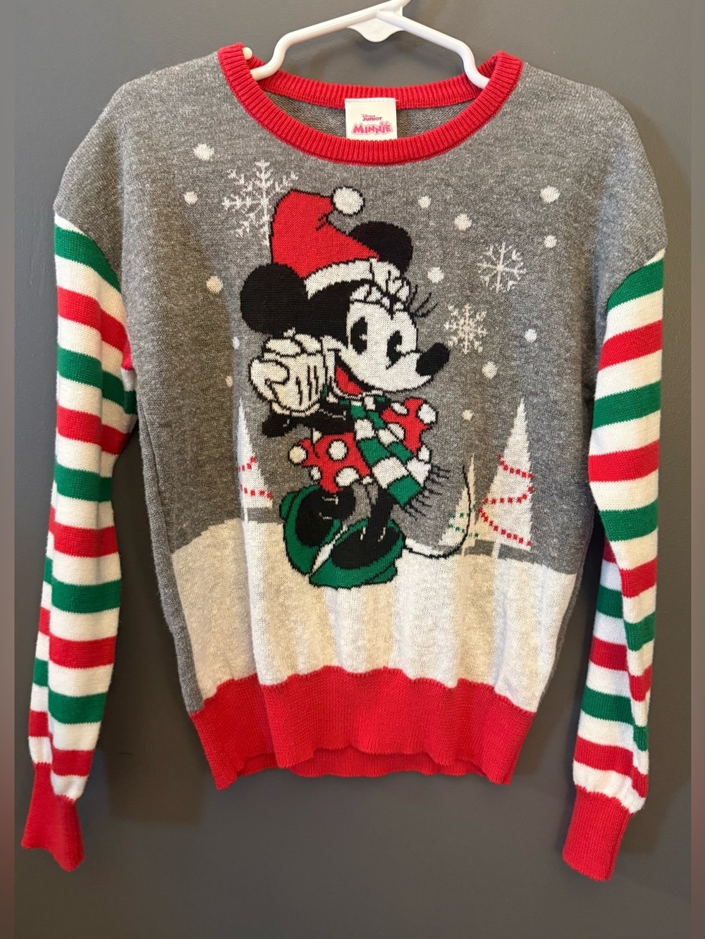 Disney Girls Minnie Pullover Holiday Sweater - Gray, Red, White, Green